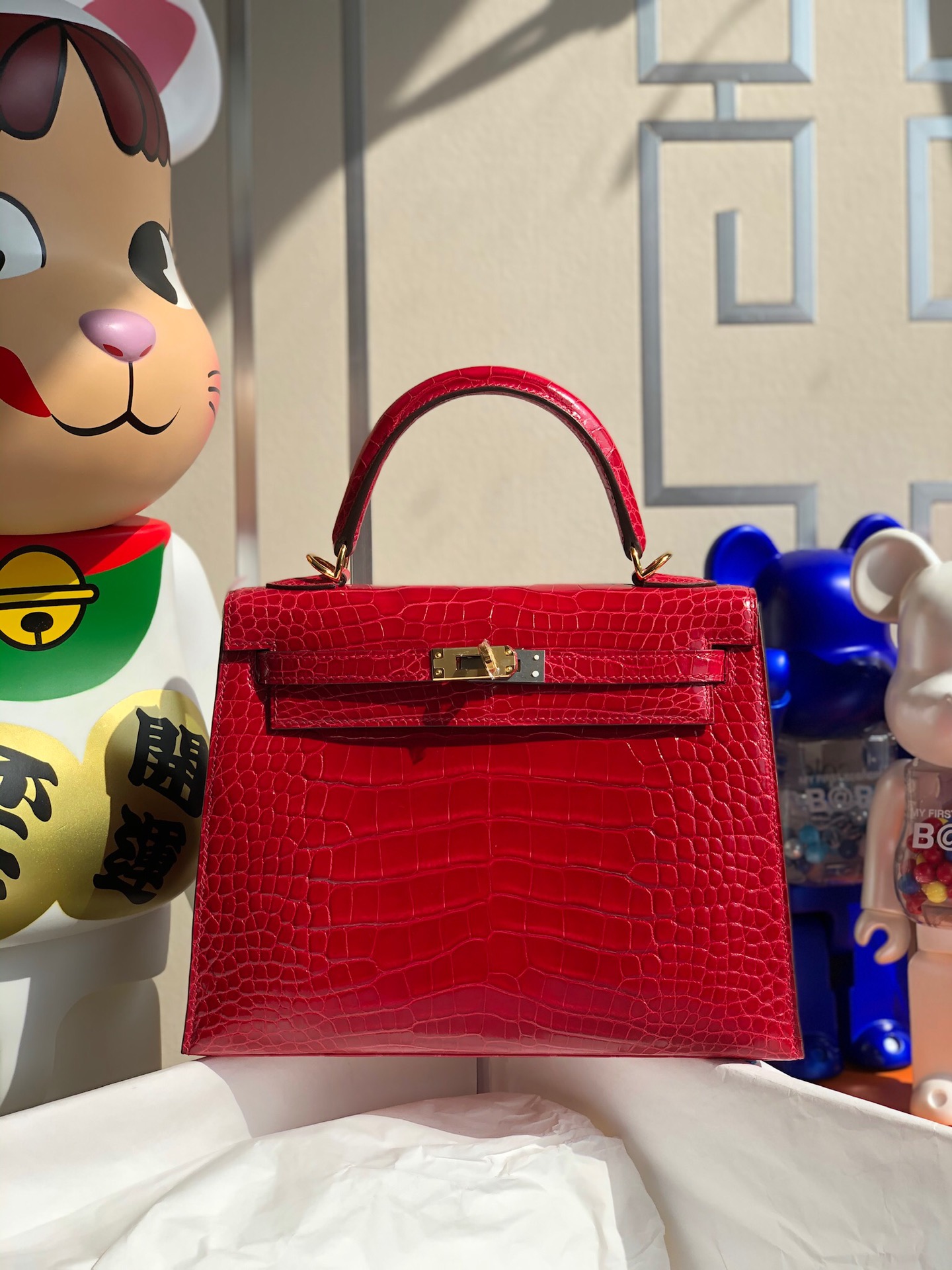 에르메스 켈리백25 레드 금장 샤이니 악어가죽